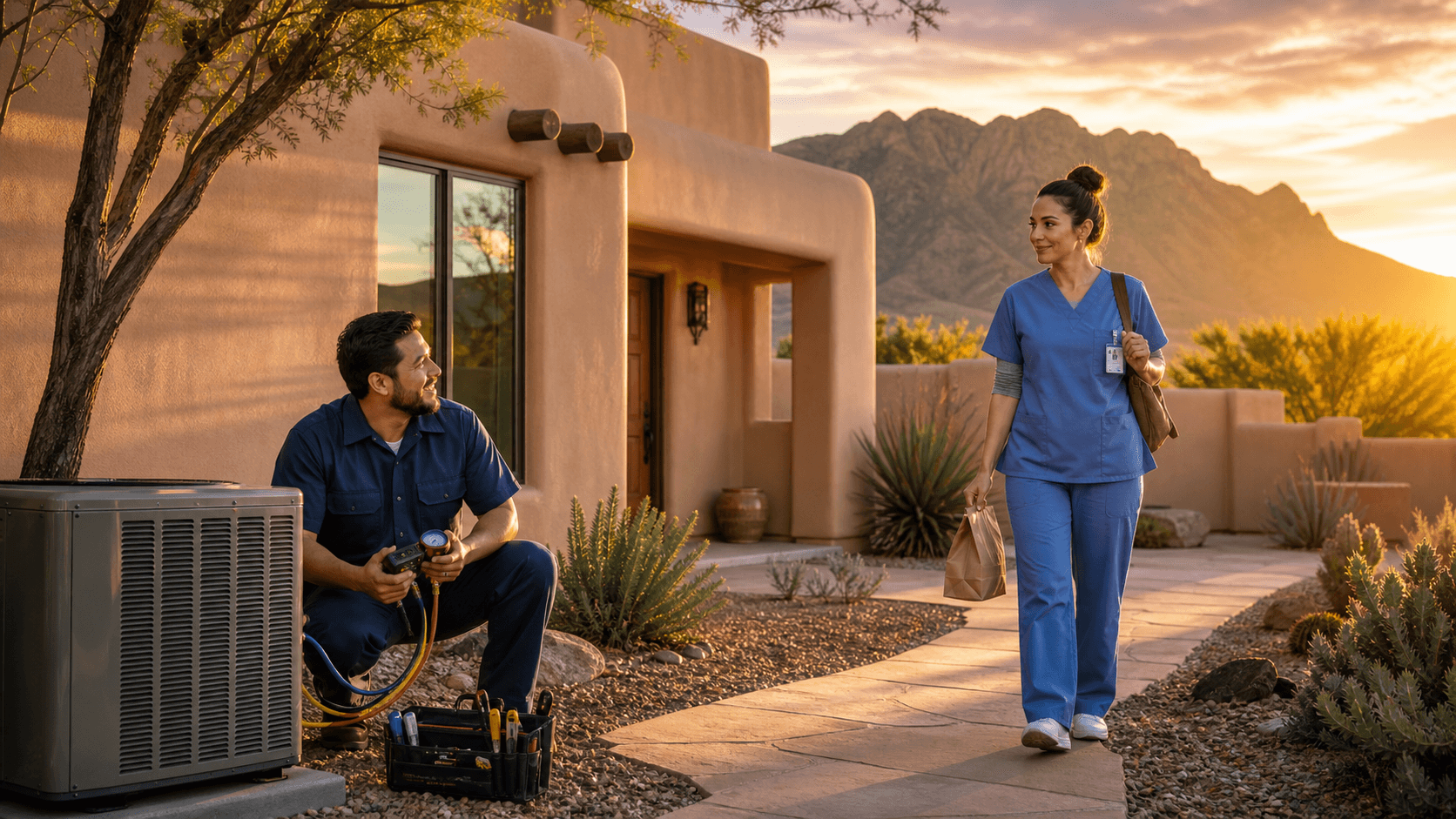 Technician in blue uniform repairs an outdoor AC unit at dawn beneath a pink Albuquerque sky.