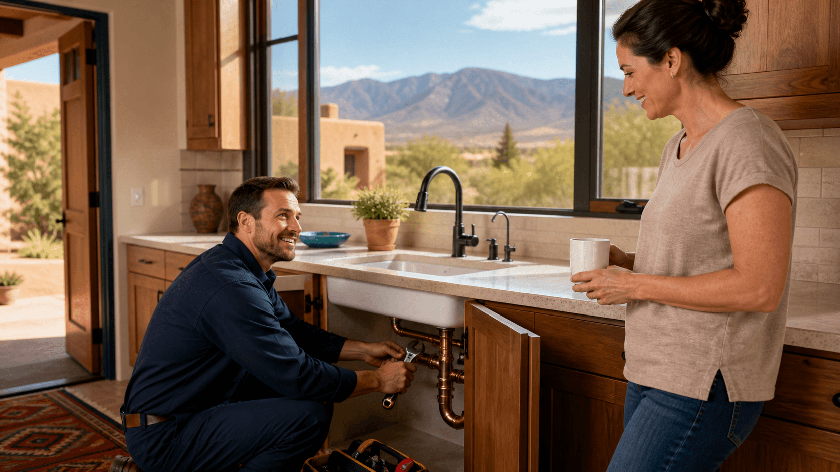 Plumber in blue uniform repairs pipes under a kitchen sink, with tools and warm indoor lighting.