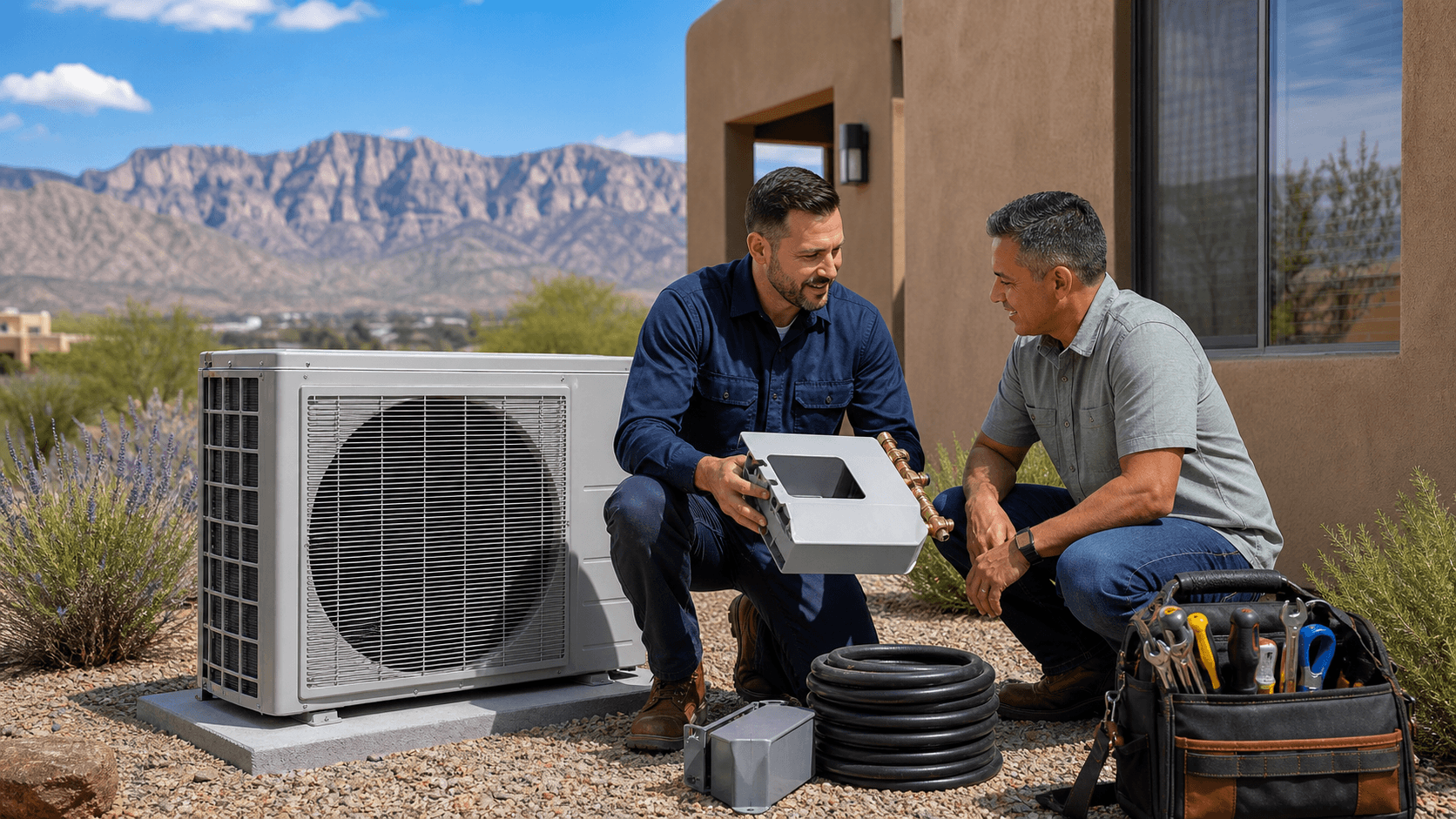 HVAC technician in blue uniform inspecting an outdoor air conditioner beneath Albuquerque’s sunny desert sky
