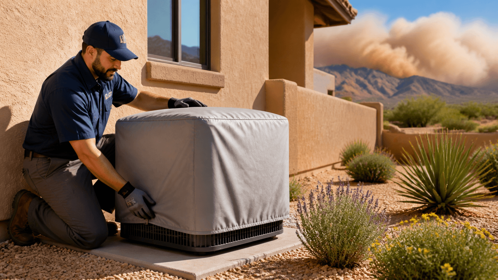 Desert dust clouds surround a beige home with an outdoor HVAC unit under a hazy orange sky.