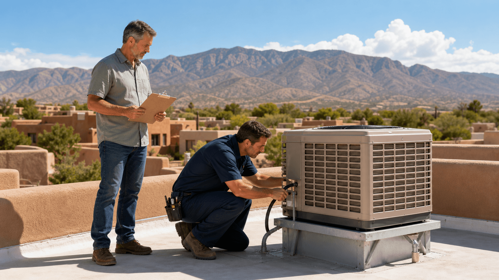 Technician inspects a rooftop swamp cooler under a bright blue Albuquerque sky with distant mountains.