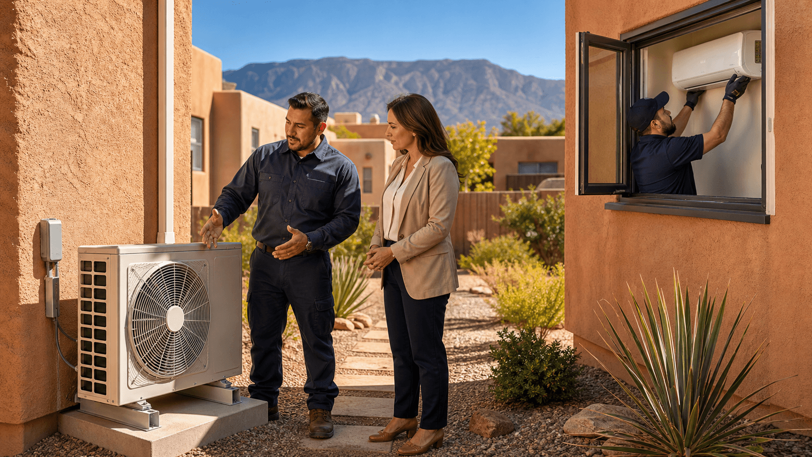 Desert stucco rental home with outdoor mini-split unit beside a sunlit walkway and blue sky.