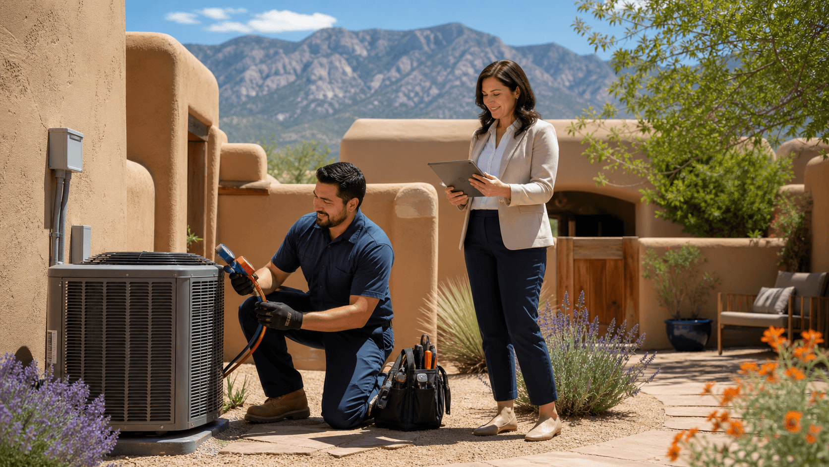 Technician servicing an outdoor AC unit beside a Southwestern rental home under bright desert sunlight.