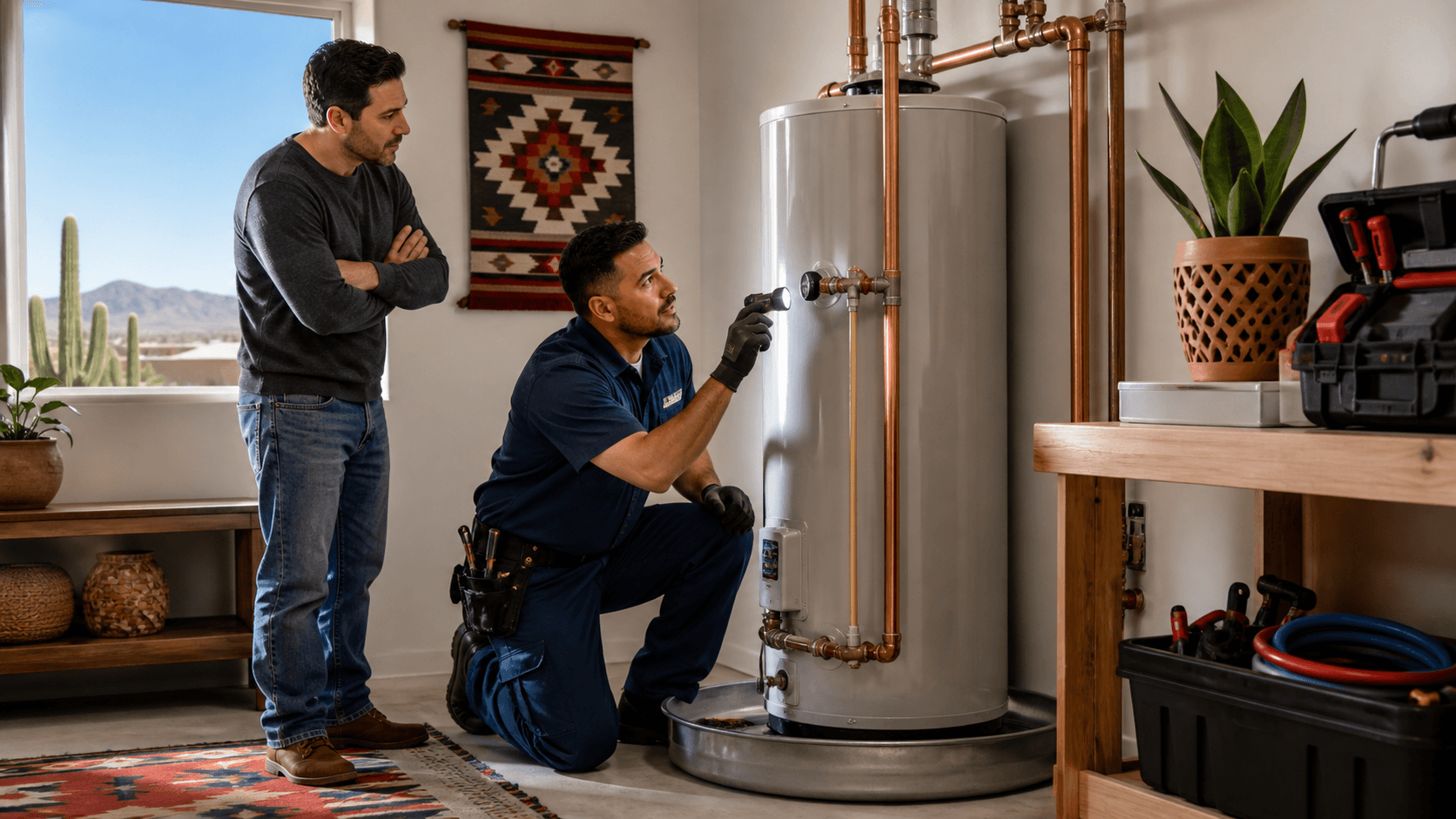 Plumber inspects a white water heater in a bright utility room with tools and pipes visible.