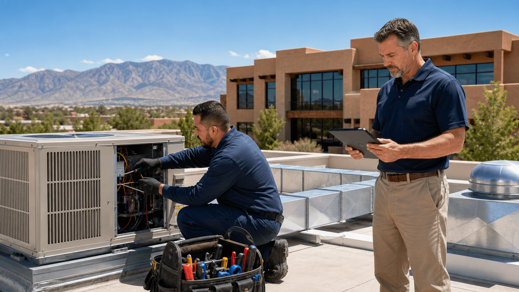 Commercial HVAC units on a rooftop under bright summer sun, with city buildings in the background.