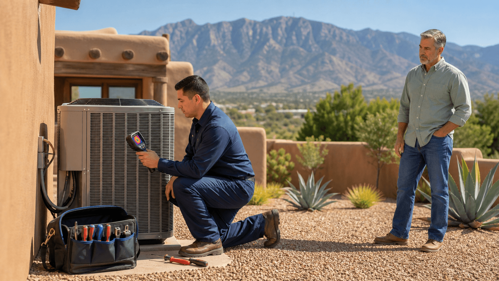 Technician inspecting an outdoor AC unit beside a sunlit Southwestern stucco home.