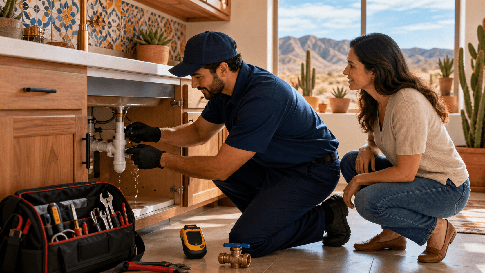 Plumber in blue uniform repairing pipes under a kitchen sink with tools and bright work light