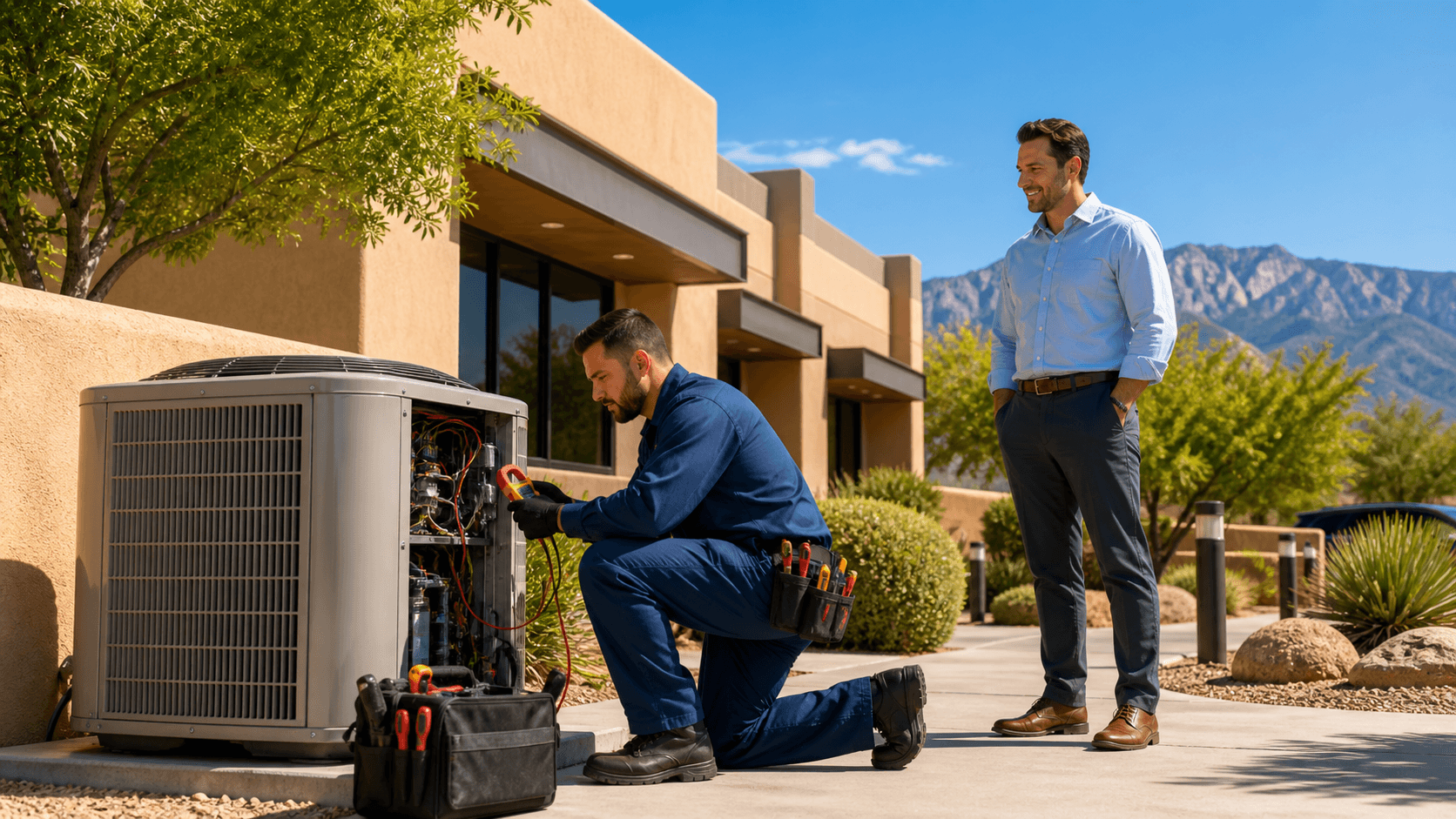Technician repairs a rooftop air conditioner under bright summer sun with Albuquerque skyline in the distance.