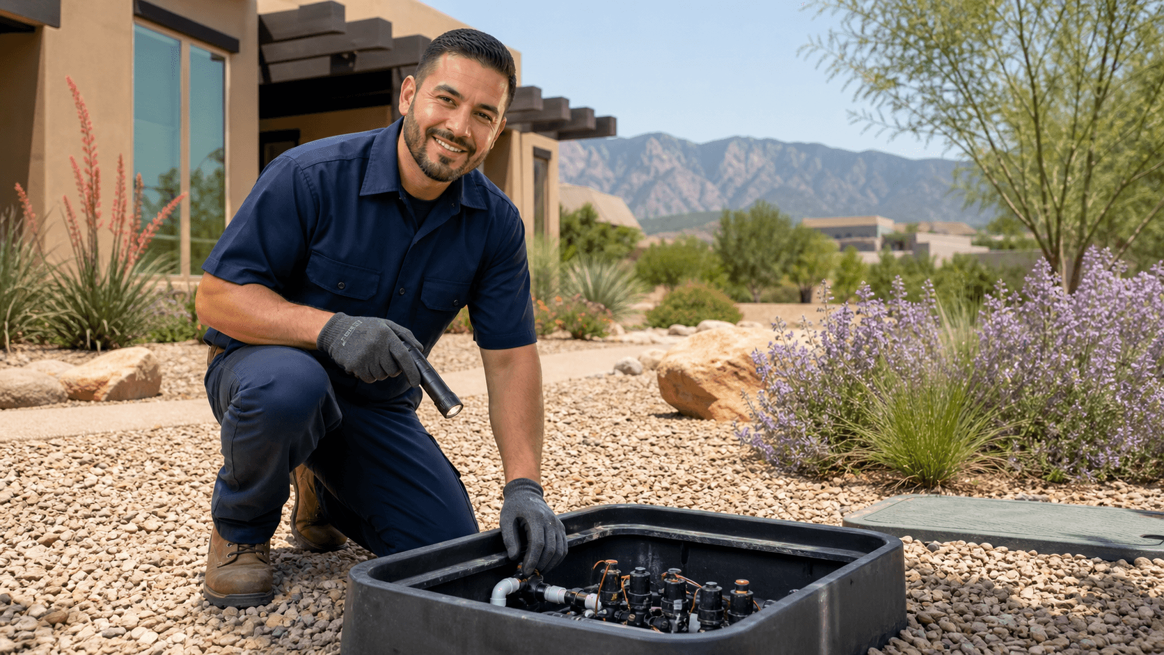 Sunlit Albuquerque home exterior with a plumber inspecting outdoor pipes beside desert landscaping.